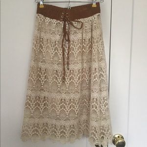 Crotchet Lace Eyelet Tie-Up Midi Skirt